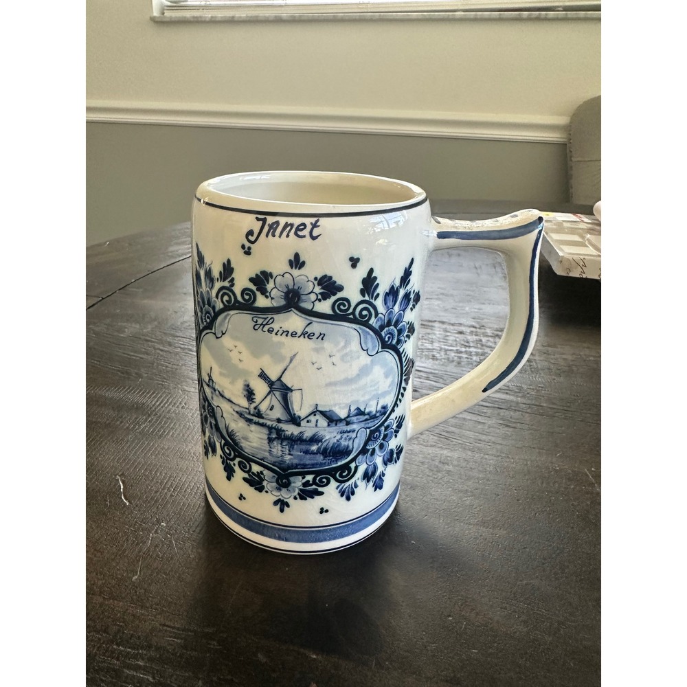 Vintage Regina Delfts Blauw Heineken Beer Stein Janet Hand Painted Holland Mug